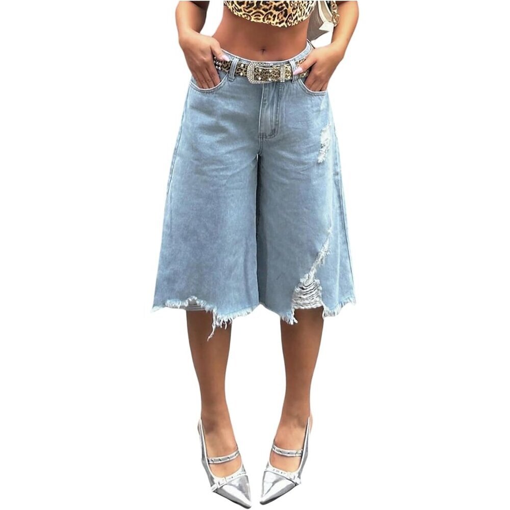 Women's Ripped Denim Shorts Cotton Large Wide Leg Casual Summer